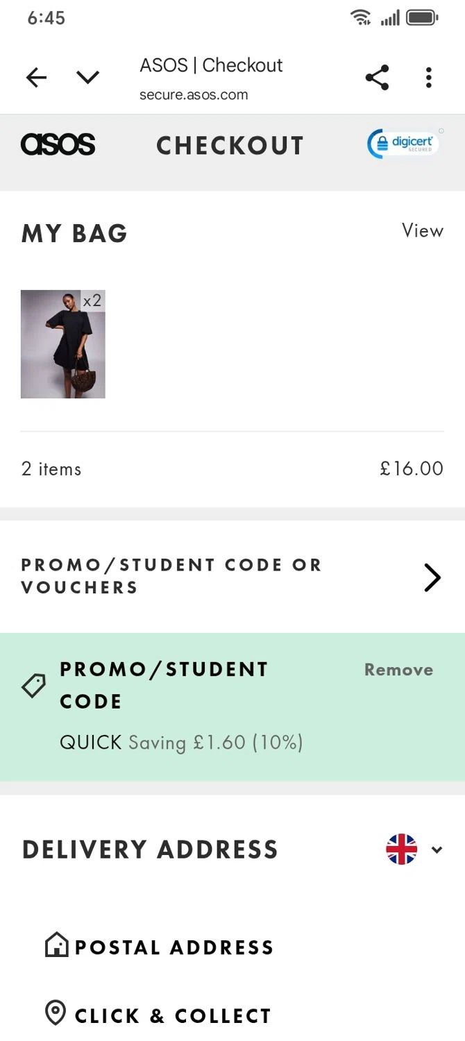 ASOS promo code screenshot showing code QUICK applied at ASOS checkout page. Uploaded by SimplyCodes community member franksanchez on Aug 28, 2025