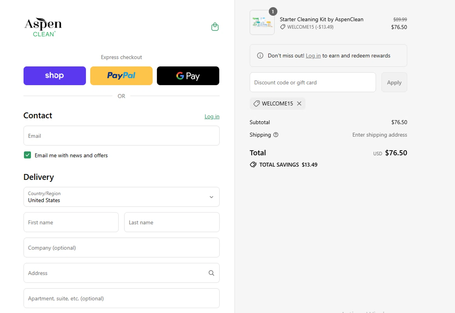 AspenClean promo code screenshot showing code Welcome15 applied at AspenClean checkout page. Uploaded by SimplyCodes community member SavvyLegend1586 on Sep 4, 2025