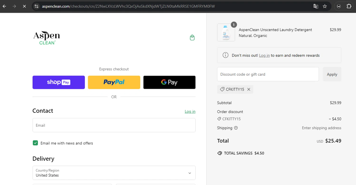AspenClean promo code screenshot showing code CFKITTY15 applied at AspenClean checkout page. Uploaded by SimplyCodes community member RoyalSpotter5217 on Jan 5, 2025