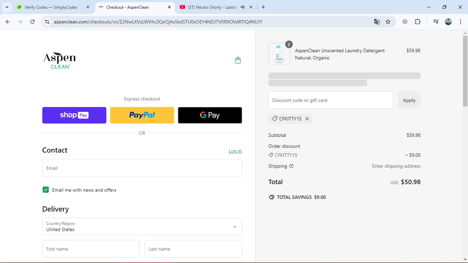 AspenClean promo code screenshot showing code CFKITTY15 applied at AspenClean checkout page. Uploaded by SimplyCodes community member gleykerjose on Jan 4, 2025