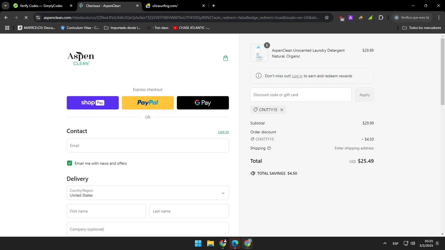 AspenClean promo code screenshot showing code CFKITTY15 applied at AspenClean checkout page. Uploaded by SimplyCodes community member yasabesssss on Feb 3, 2025