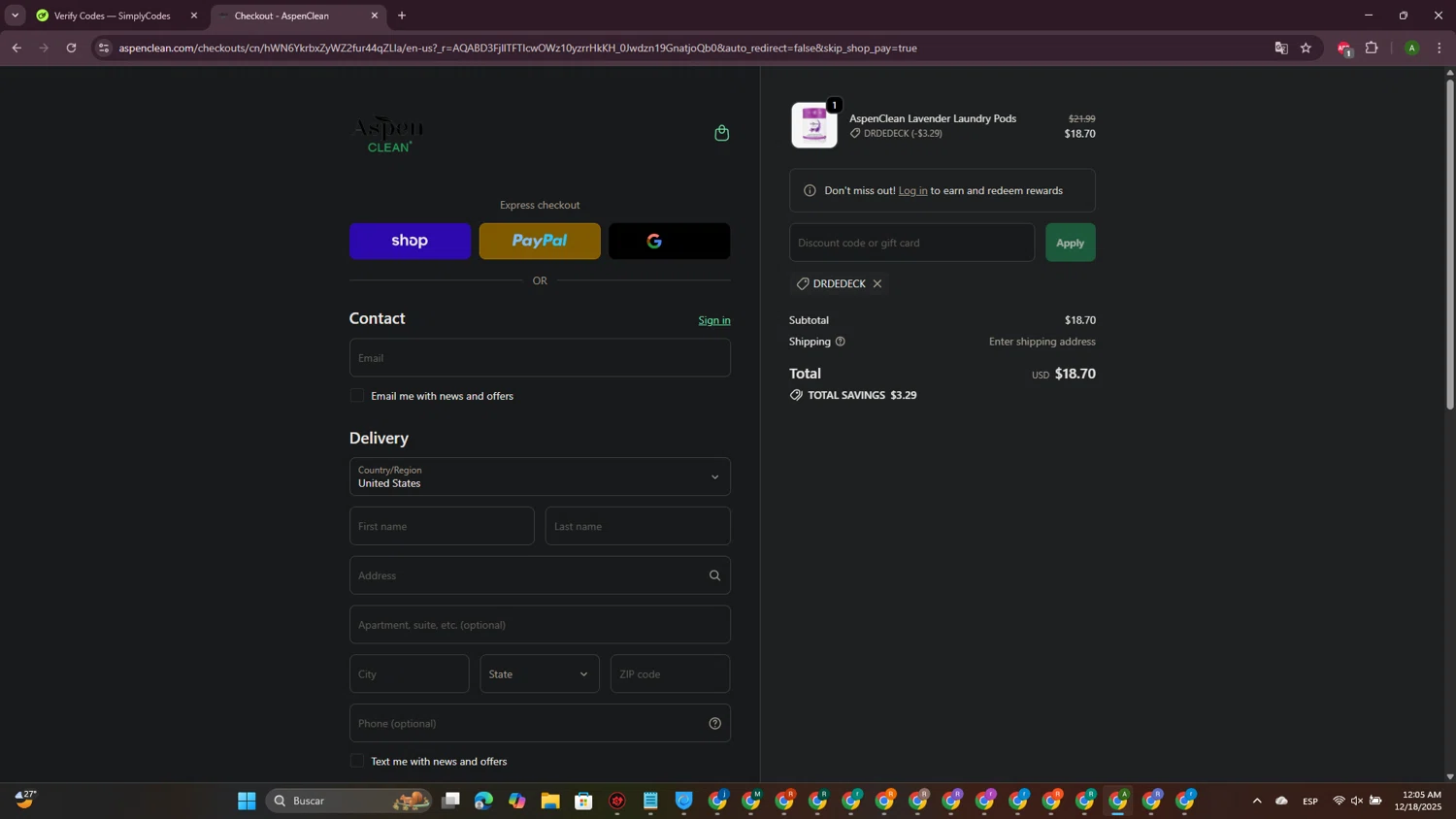 AspenClean promo code screenshot showing code DRDEDECK applied at AspenClean checkout page. Uploaded by SimplyCodes community member CrownPioneer7057 on Dec 18, 2025