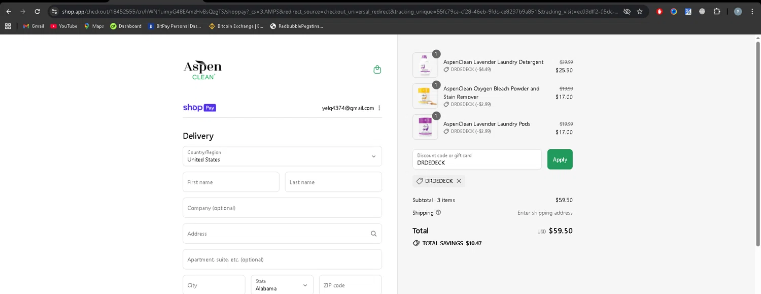 AspenClean promo code screenshot showing code DRDEDECK applied at AspenClean checkout page. Uploaded by SimplyCodes community member YJMQ95 on Aug 17, 2025