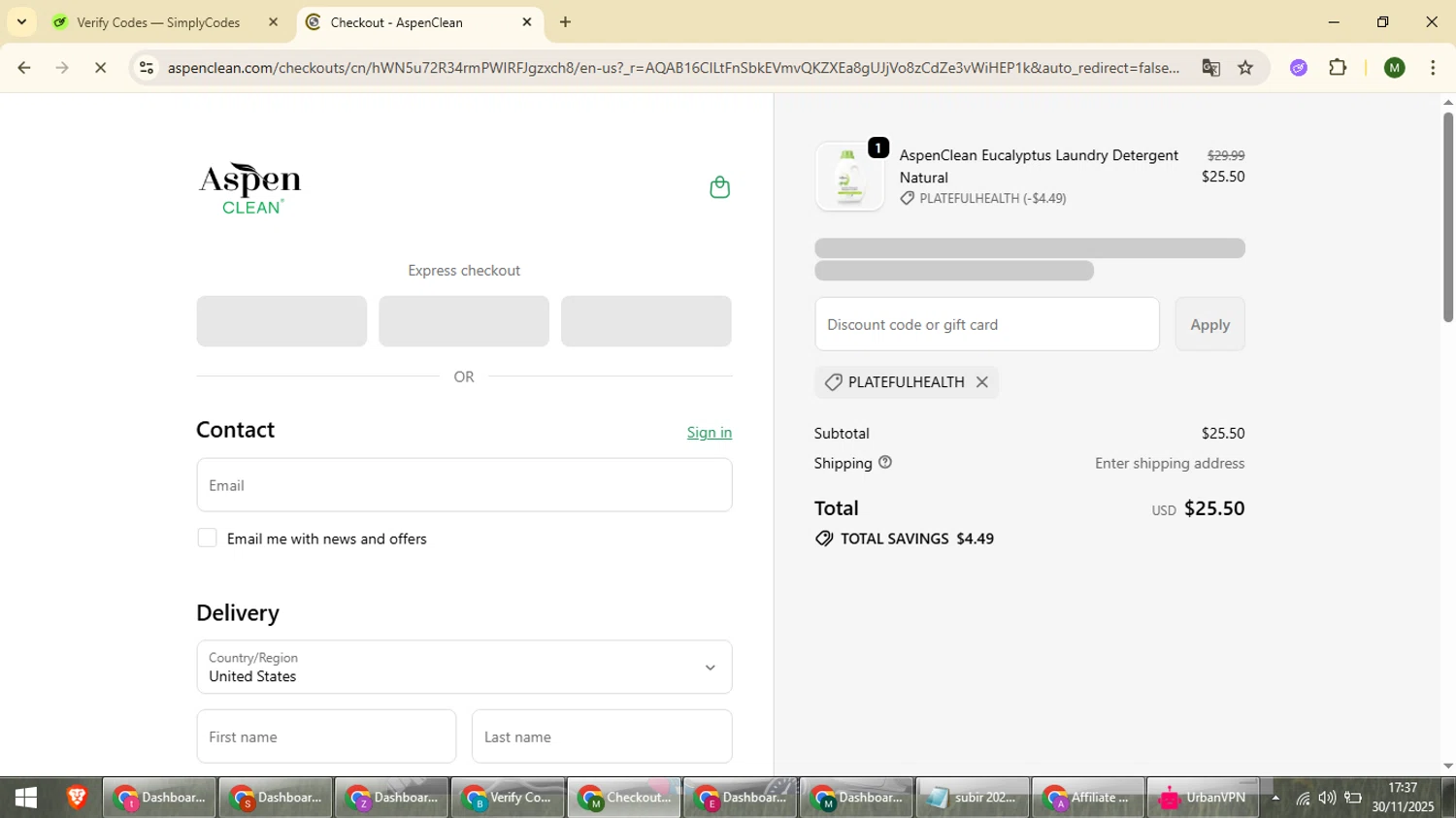 AspenClean promo code screenshot showing code Platefulhealth applied at AspenClean checkout page. Uploaded by SimplyCodes community member loversuper on Nov 30, 2025