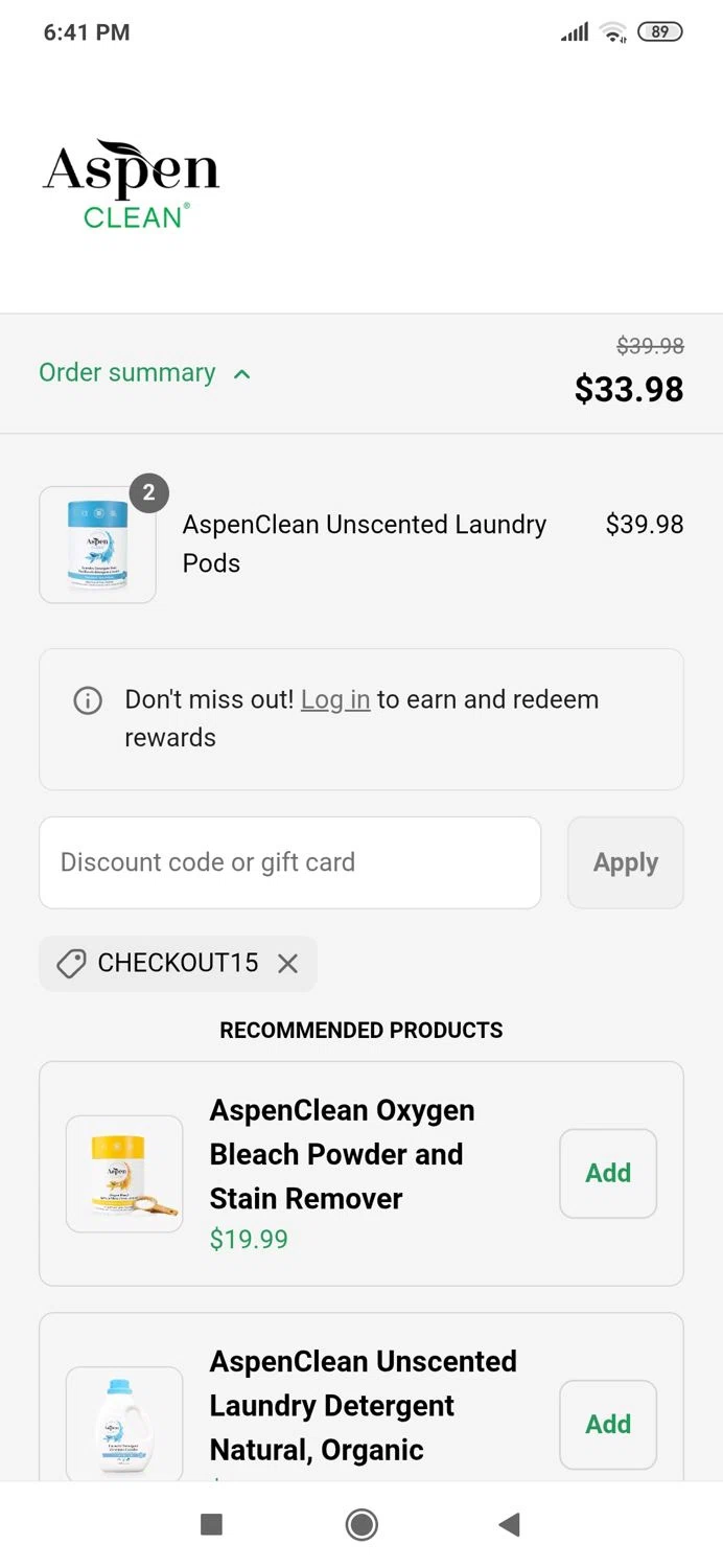 AspenClean promo code screenshot showing code Checkout15 applied at AspenClean checkout page. Uploaded by SimplyCodes community member MightyBoss9975 on May 29, 2025