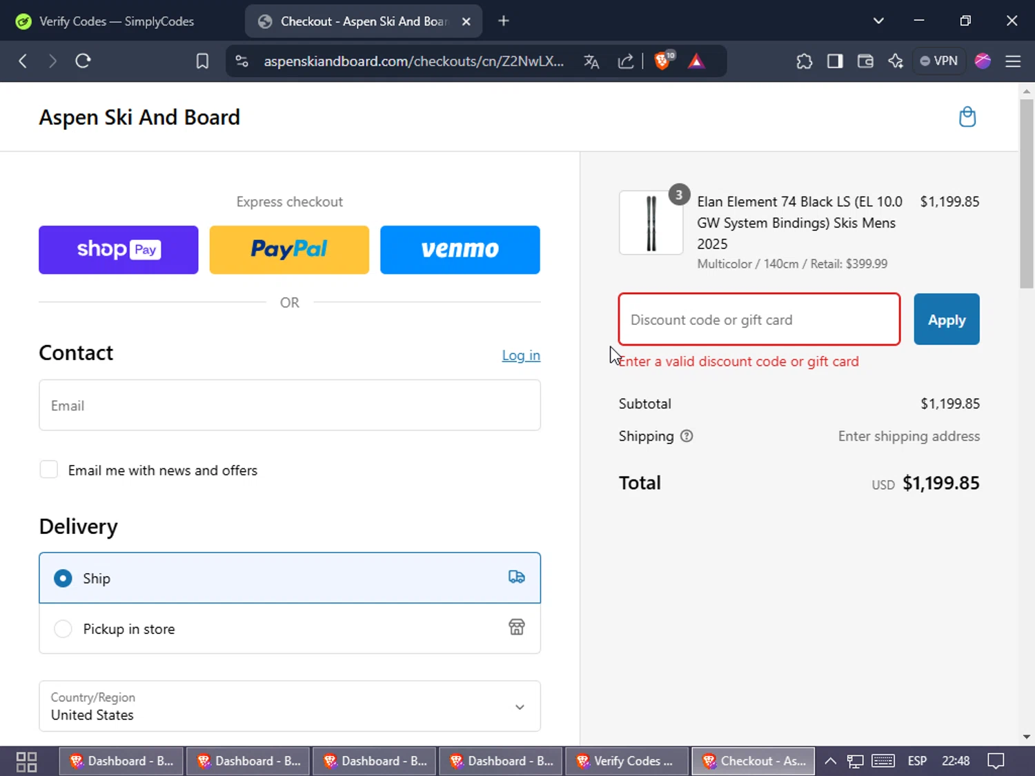 Aspen Ski and Board discount code screenshot showing code SKIS$50OFF applied at Aspen Ski and Board checkout page. Uploaded by SimplyCodes community member Heibk201 on Jan 20, 2025