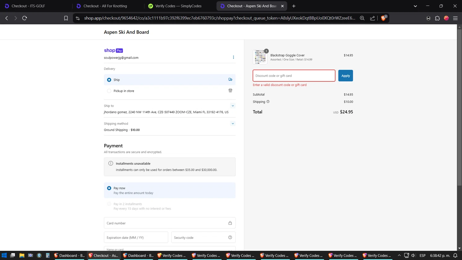 Aspen Ski and Board discount code screenshot showing code SKIS$50OFF applied at Aspen Ski and Board checkout page. Uploaded by SimplyCodes community member verifier_983798000 on Feb 13, 2025