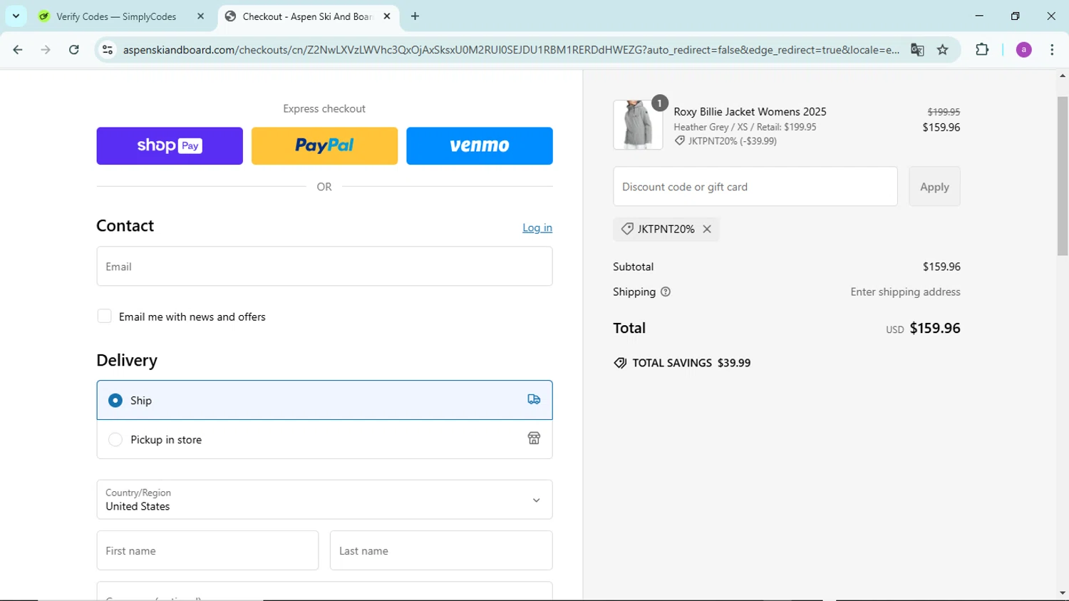 Aspen Ski and Board checkout page showing Aspen Ski and Board discount code box | Screenshot taken by SimplyCodes community member on Feb 1, 2025