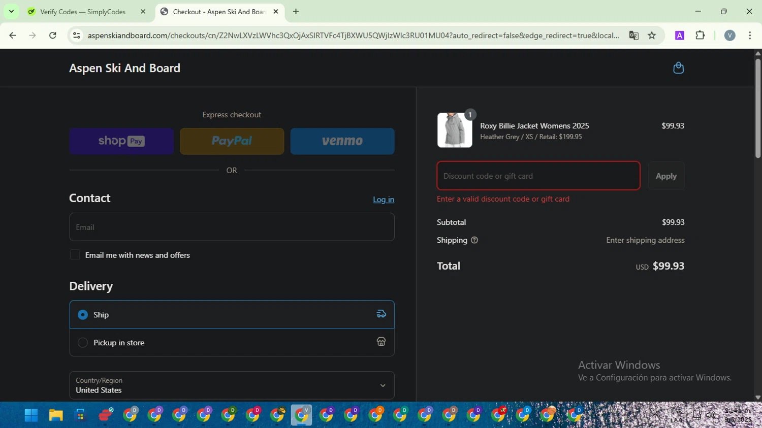 Aspen Ski and Board discount code screenshot showing code JKTPNT20% applied at Aspen Ski and Board checkout page. Uploaded by SimplyCodes community member SwiftScout1619 on May 9, 2025