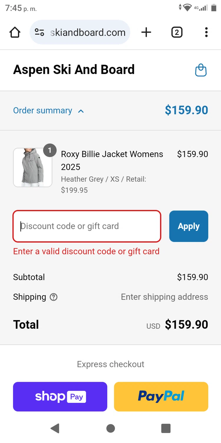 Aspen Ski and Board discount code screenshot showing code JKTPNT20% applied at Aspen Ski and Board checkout page. Uploaded by SimplyCodes community member franksanchez on Mar 26, 2025