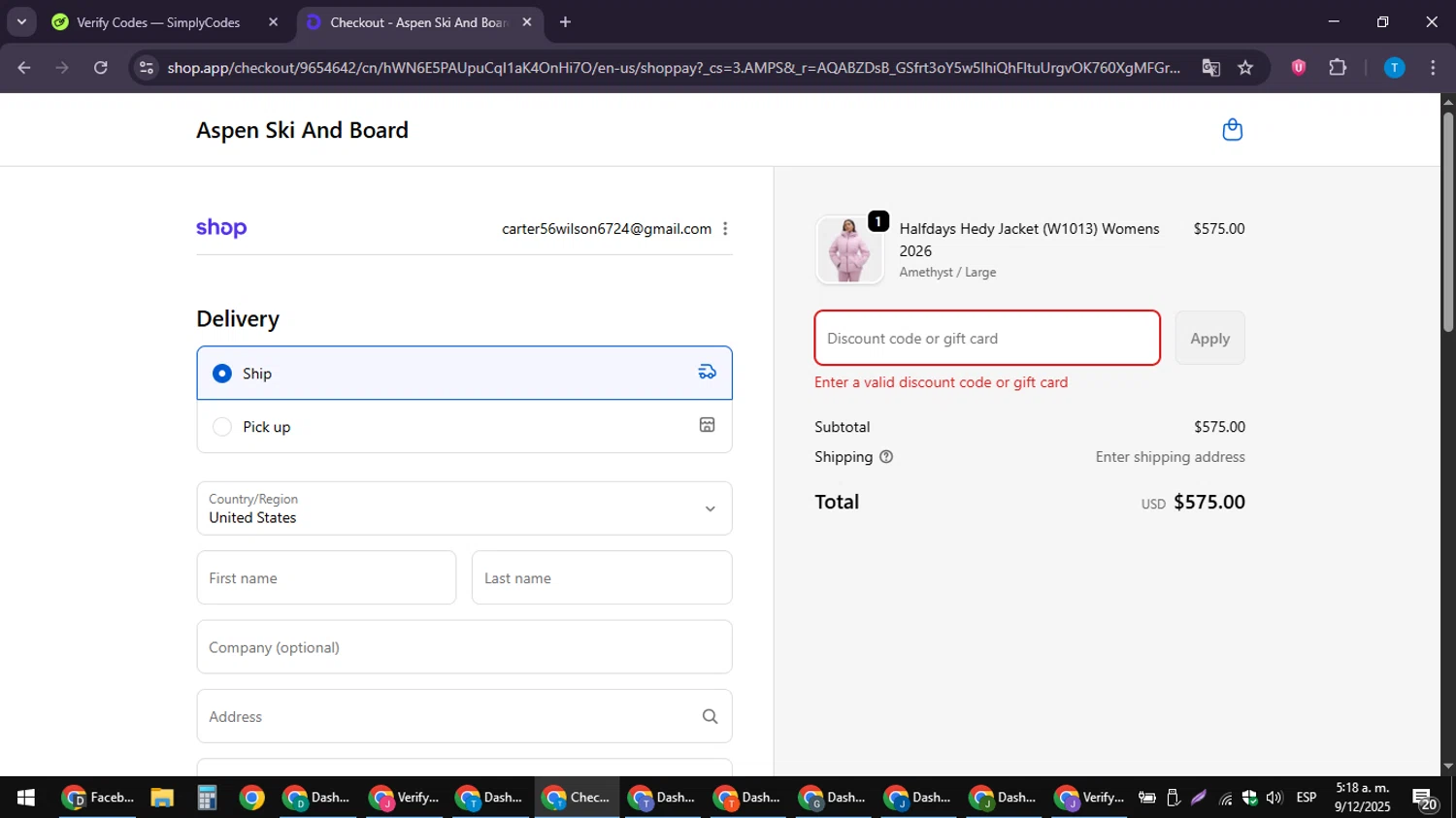 Aspen Ski and Board discount code screenshot showing code JKTPANT20 applied at Aspen Ski and Board checkout page. Uploaded by SimplyCodes community member LuckyPioneer4530 on Dec 9, 2025