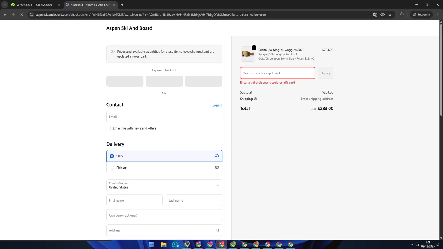 Aspen Ski and Board discount code screenshot showing code HELMETGOGGLE20 applied at Aspen Ski and Board checkout page. Uploaded by SimplyCodes community member CBR600 on Dec 9, 2025