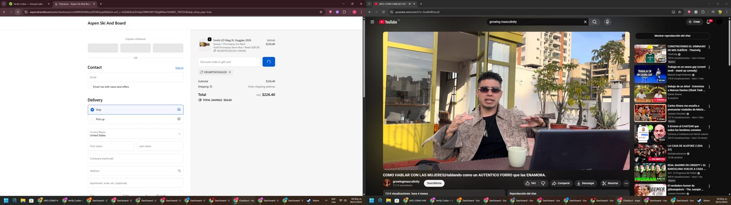 Aspen Ski and Board discount code screenshot showing code HELMETGOGGLE20 applied at Aspen Ski and Board checkout page. Uploaded by SimplyCodes community member CouponSage7331 on Nov 27, 2025