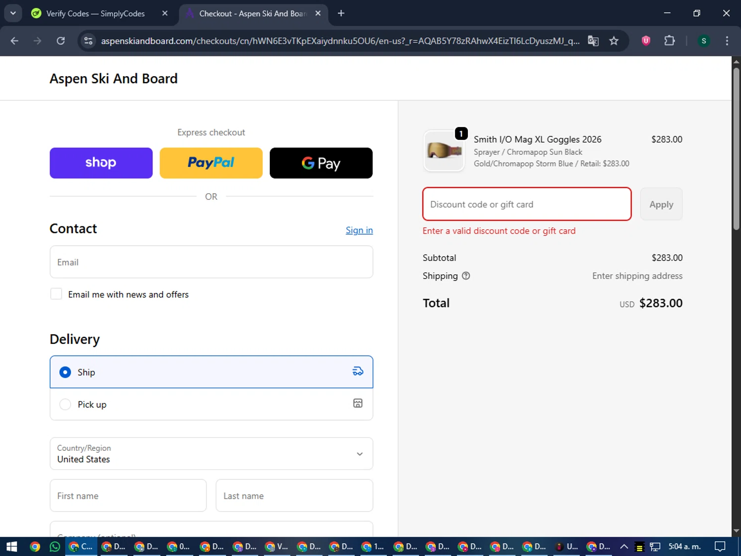 Aspen Ski and Board discount code screenshot showing code HELMETGOGGLE20 applied at Aspen Ski and Board checkout page. Uploaded by SimplyCodes community member lilMosey on Dec 9, 2025