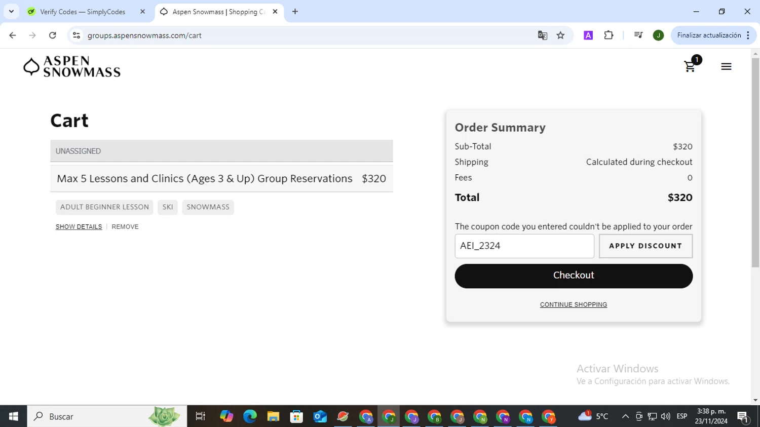 Aspen Snowmass checkout page showing Aspen Snowmass discount code box | Screenshot taken by SimplyCodes community member on Nov 23, 2024
