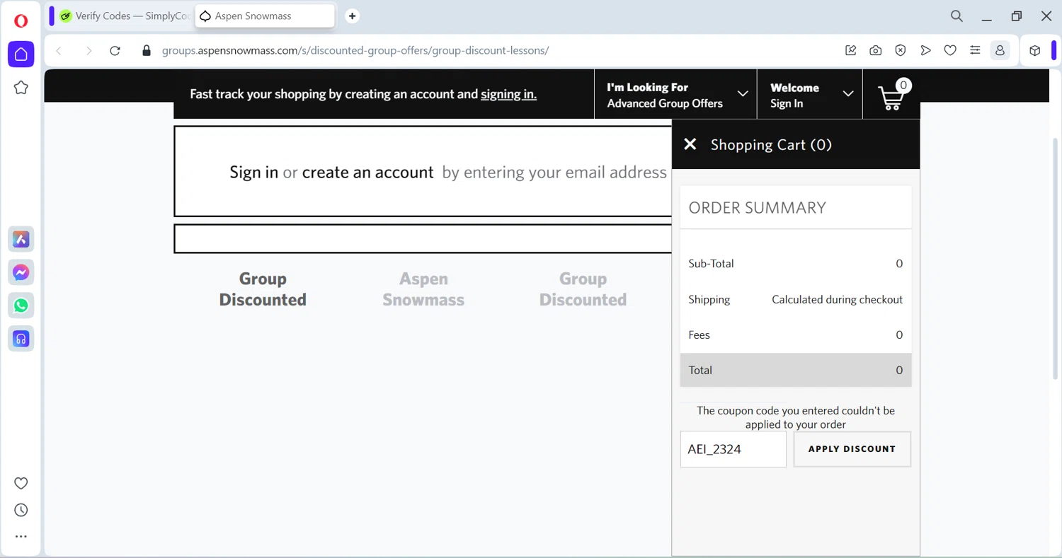 Aspen Snowmass checkout page showing Aspen Snowmass discount code box | Screenshot taken by SimplyCodes community member on Apr 30, 2024