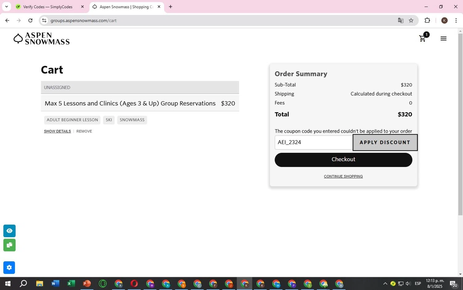 Aspen Snowmass discount code screenshot showing code AEI_2324 applied at Aspen Snowmass checkout page. Uploaded by SimplyCodes community member TokenOwl8896 on Jan 8, 2025