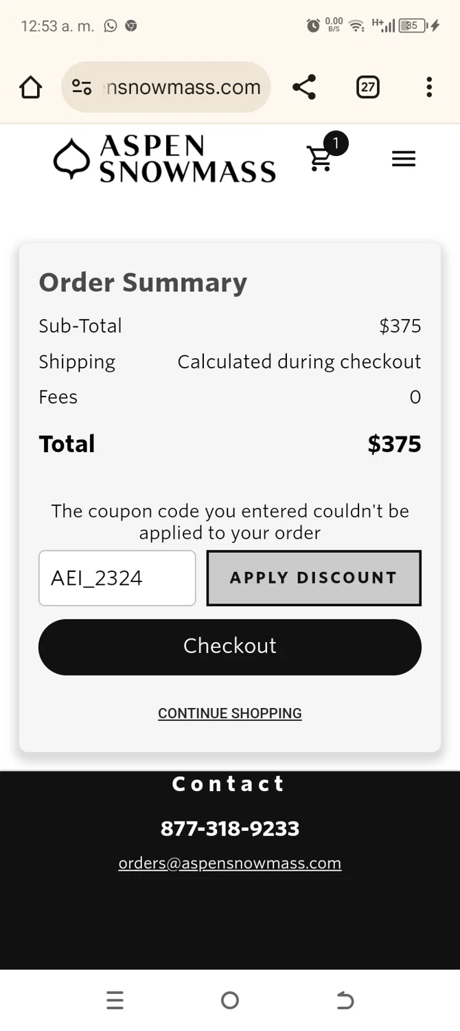 Aspen Snowmass checkout page showing Aspen Snowmass discount code box | Screenshot taken by SimplyCodes community member on Dec 1, 2024