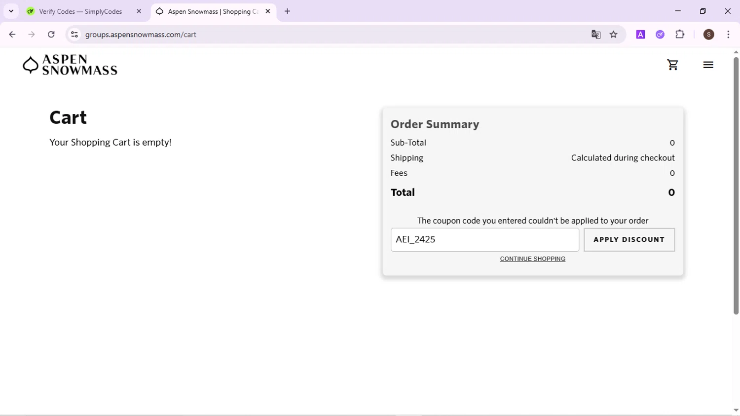 Aspen Snowmass discount code screenshot showing code AEI_2425 applied at Aspen Snowmass checkout page. Uploaded by SimplyCodes community member QuestPhoenix2794 on Jun 10, 2025