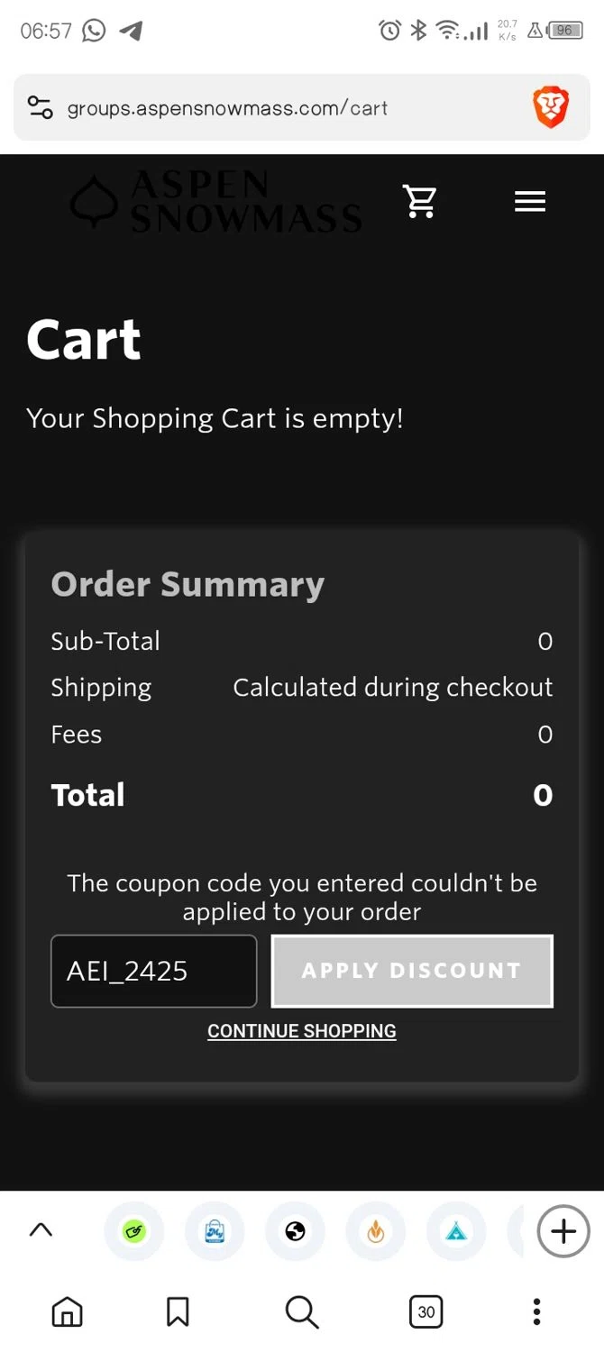 Aspen Snowmass checkout page showing Aspen Snowmass discount code box | Screenshot taken by SimplyCodes community member on May 12, 2025