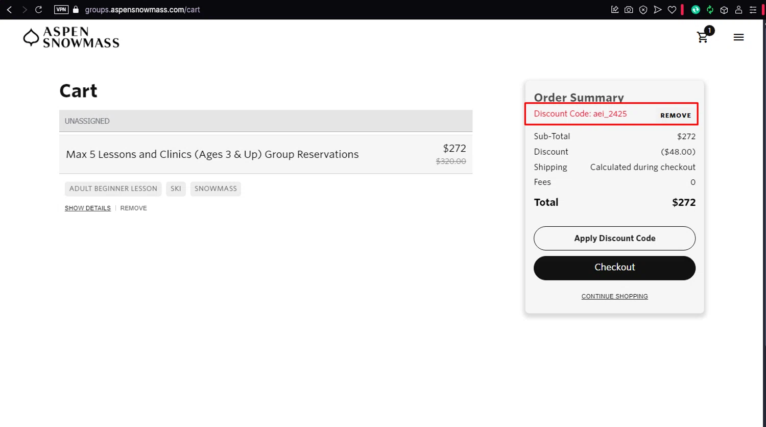 Aspen Snowmass checkout page showing Aspen Snowmass discount code box | Screenshot taken by SimplyCodes community member on Apr 13, 2025