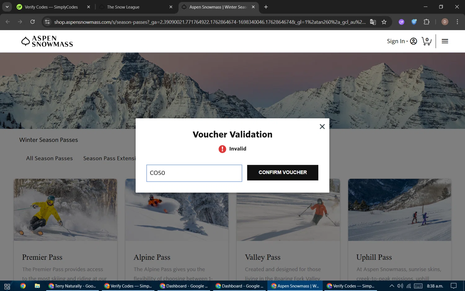 Aspen Snowmass discount code screenshot showing code CO50 applied at Aspen Snowmass checkout page. Uploaded by SimplyCodes community member BrilliantWizard8884 on Nov 11, 2025