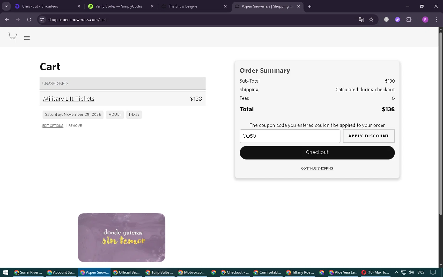 Aspen Snowmass discount code screenshot showing code CO50 applied at Aspen Snowmass checkout page. Uploaded by SimplyCodes community member CleverSpotter6431 on Nov 11, 2025