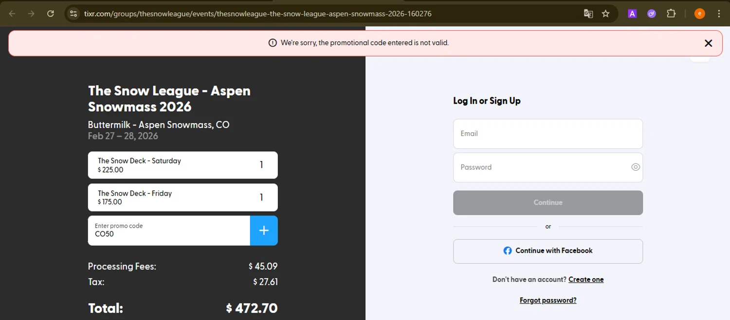 Aspen Snowmass discount code screenshot showing code CO50 applied at Aspen Snowmass checkout page. Uploaded by SimplyCodes community member NobleElite1598 on Nov 11, 2025