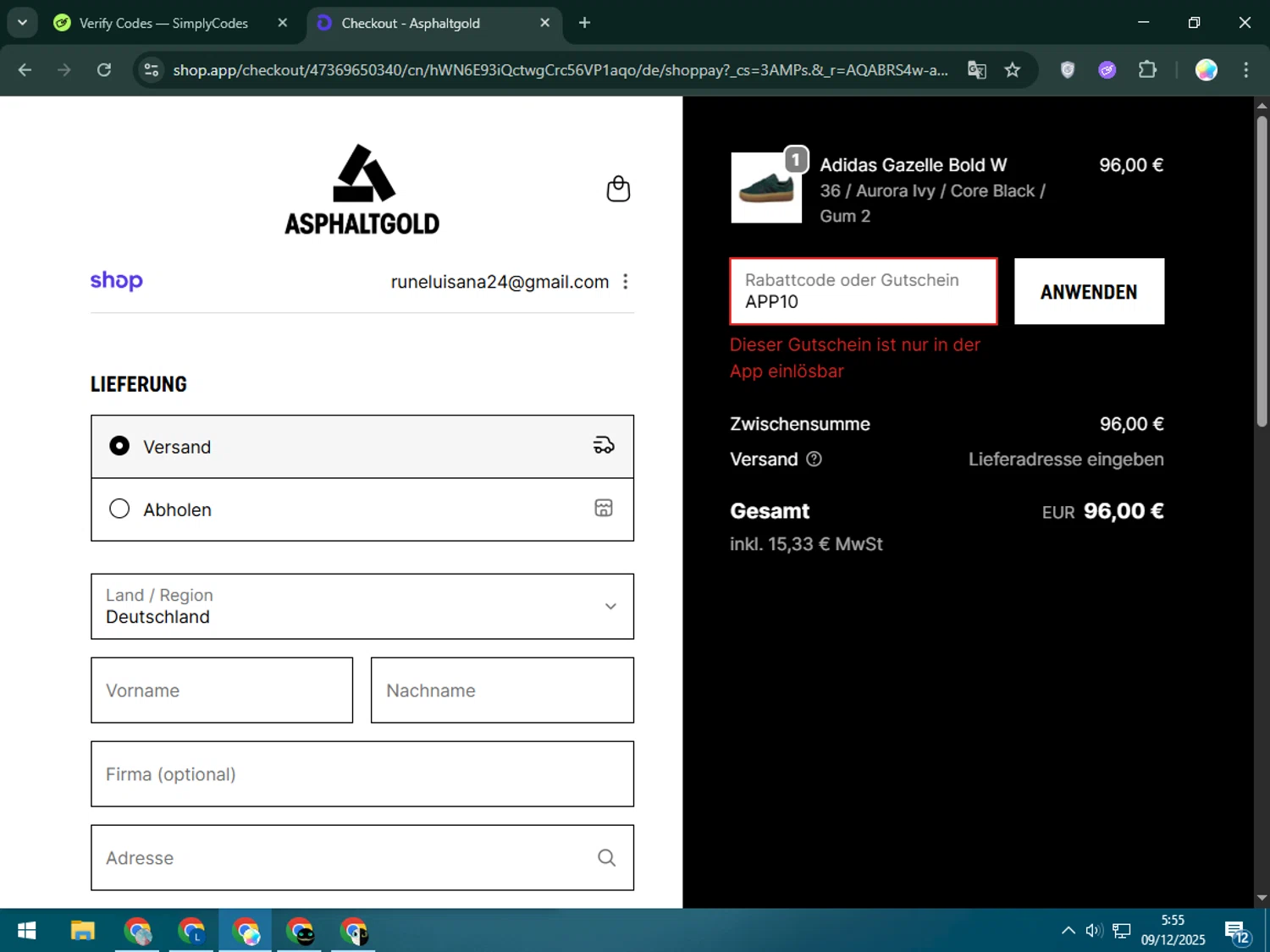 Asphaltgold promo code screenshot showing code APP10 applied at Asphaltgold checkout page. Uploaded by SimplyCodes community member Estrellitacoairis on Dec 9, 2025