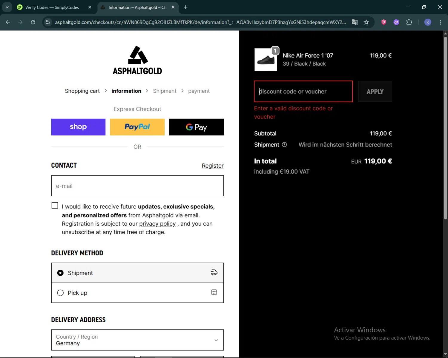 Asphaltgold promo code screenshot showing code WINTER25 applied at Asphaltgold checkout page. Uploaded by SimplyCodes community member KevLapage on Jan 27, 2026