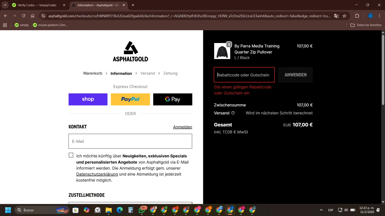 Asphaltgold promo code screenshot showing code feb25 applied at Asphaltgold checkout page. Uploaded by SimplyCodes community member yameteqdasai on Feb 11, 2026