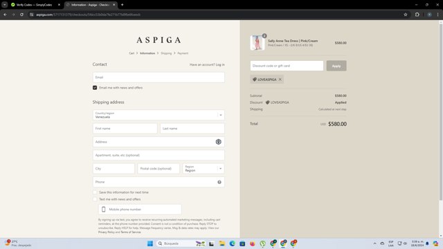 Aspiga checkout page showing Aspiga discount code box | Screenshot taken by SimplyCodes community member on Jun 18, 2024