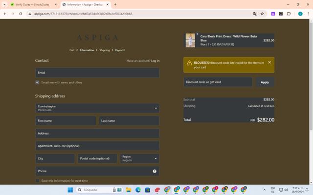 Aspiga checkout page showing Aspiga discount code box | Screenshot taken by SimplyCodes community member on Jun 18, 2024