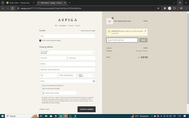 Aspiga checkout page showing Aspiga discount code box | Screenshot taken by SimplyCodes community member on Jun 18, 2024