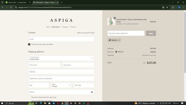 Aspiga checkout page showing Aspiga discount code box | Screenshot taken by SimplyCodes community member on Jun 22, 2024
