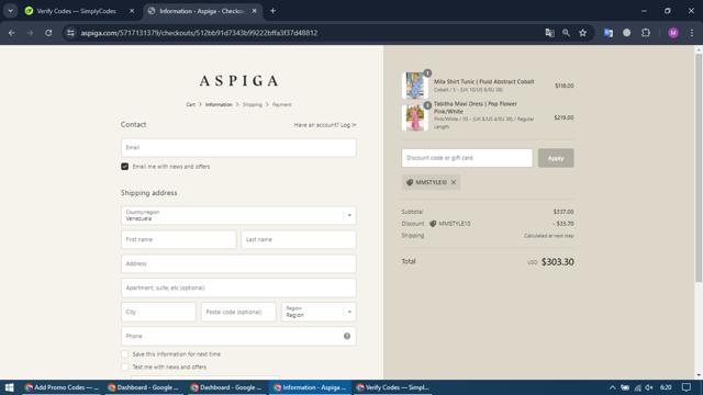 Aspiga checkout page showing Aspiga discount code box | Screenshot taken by SimplyCodes community member on Jun 18, 2024