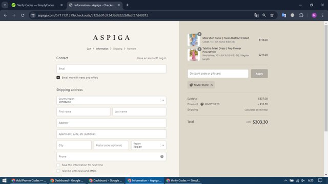 Aspiga checkout page showing Aspiga discount code box | Screenshot taken by SimplyCodes community member on Jun 18, 2024