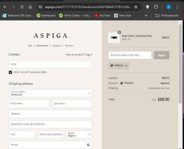 Aspiga checkout page showing Aspiga discount code box | Screenshot taken by SimplyCodes community member on Jun 23, 2024