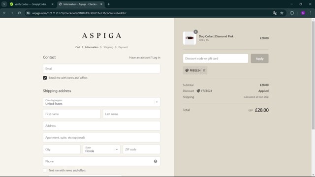 Aspiga checkout page showing Aspiga discount code box | Screenshot taken by SimplyCodes community member on Jul 15, 2024