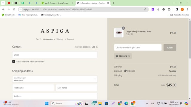 Aspiga checkout page showing Aspiga discount code box | Screenshot taken by SimplyCodes community member on Jul 8, 2024