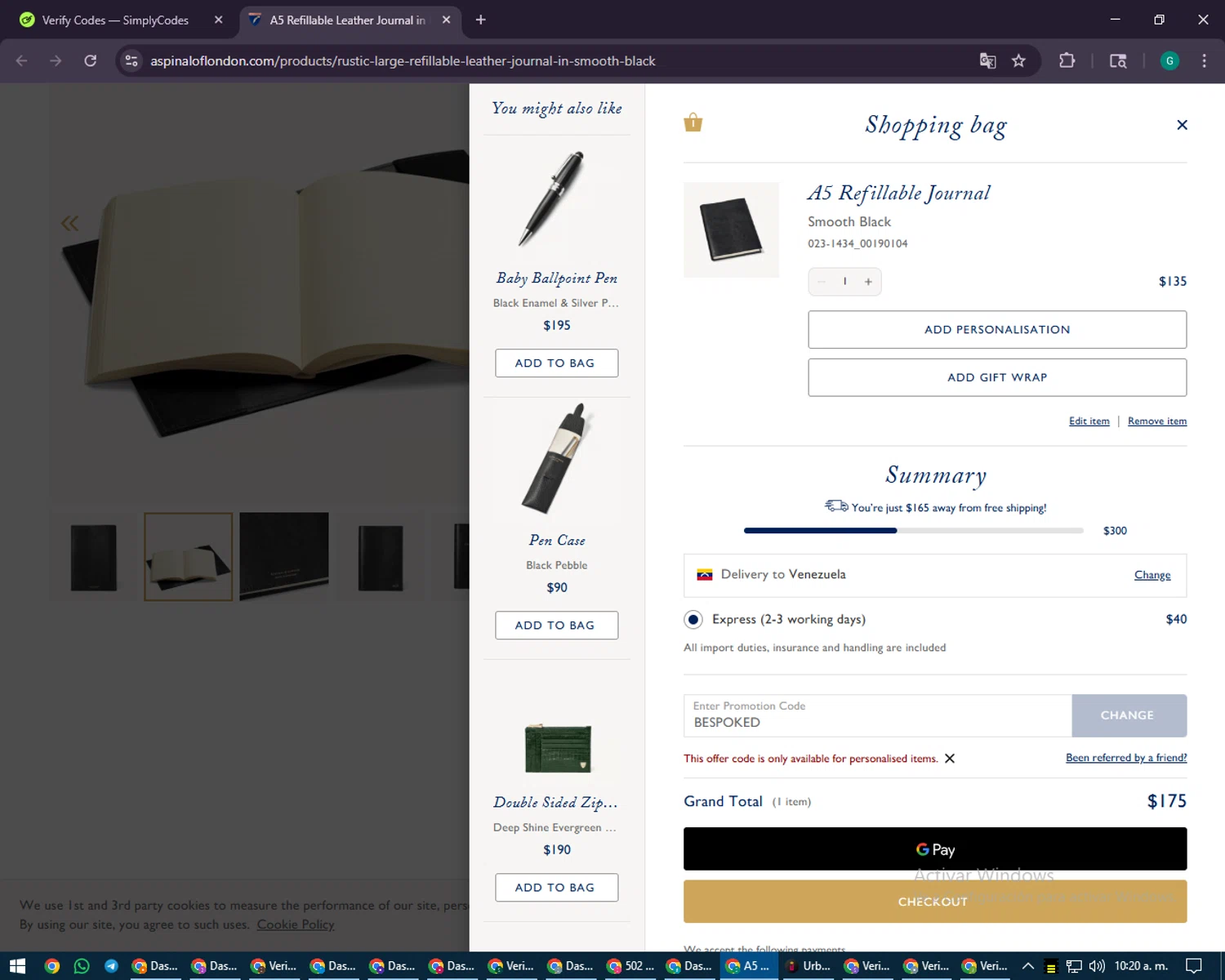 Aspinal of London discount code screenshot showing code BESPOKED applied at Aspinal of London checkout page. Uploaded by SimplyCodes community member PennyFinder5759 on Aug 20, 2025