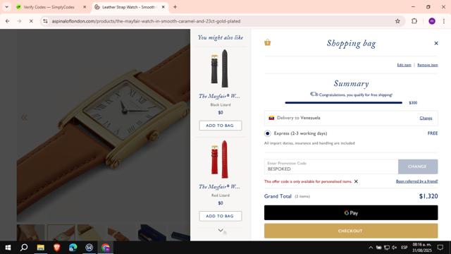 Aspinal of London checkout page showing Aspinal of London discount code box | Screenshot taken by SimplyCodes community member on Aug 31, 2025