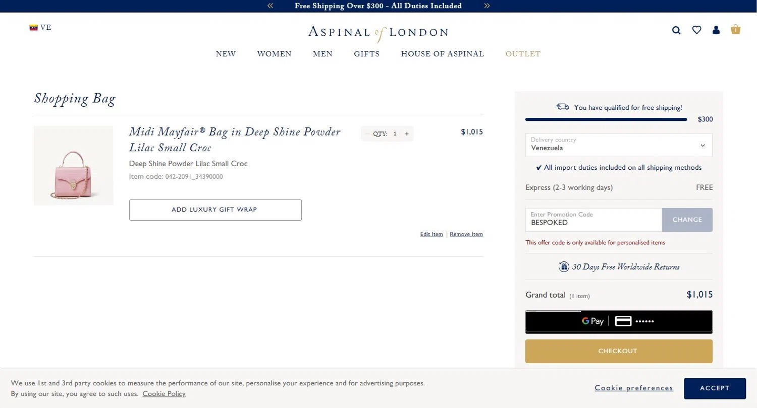 Aspinal of London discount code screenshot showing code BESPOKED applied at Aspinal of London checkout page. Uploaded by SimplyCodes community member QuestPro4808 on Mar 16, 2025