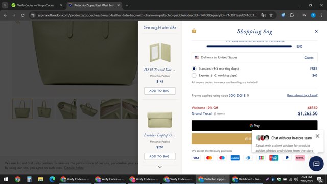 Aspinal of London checkout page showing Aspinal of London discount code box | Screenshot taken by SimplyCodes community member on Jul 16, 2025