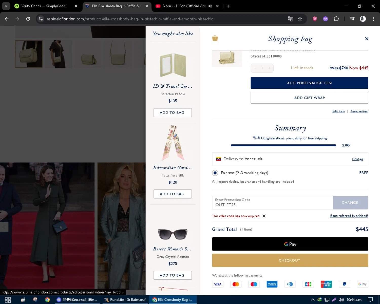Aspinal of London discount code screenshot showing code OUTLET25 applied at Aspinal of London checkout page. Uploaded by SimplyCodes community member CleverSentinel9441 on Aug 8, 2025
