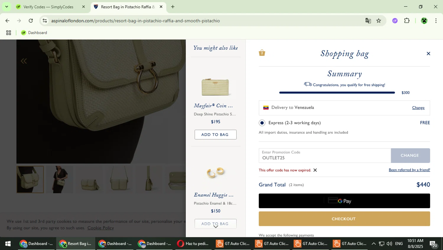 Aspinal of London discount code screenshot showing code OUTLET25 applied at Aspinal of London checkout page. Uploaded by SimplyCodes community member MaitoGai on Aug 8, 2025