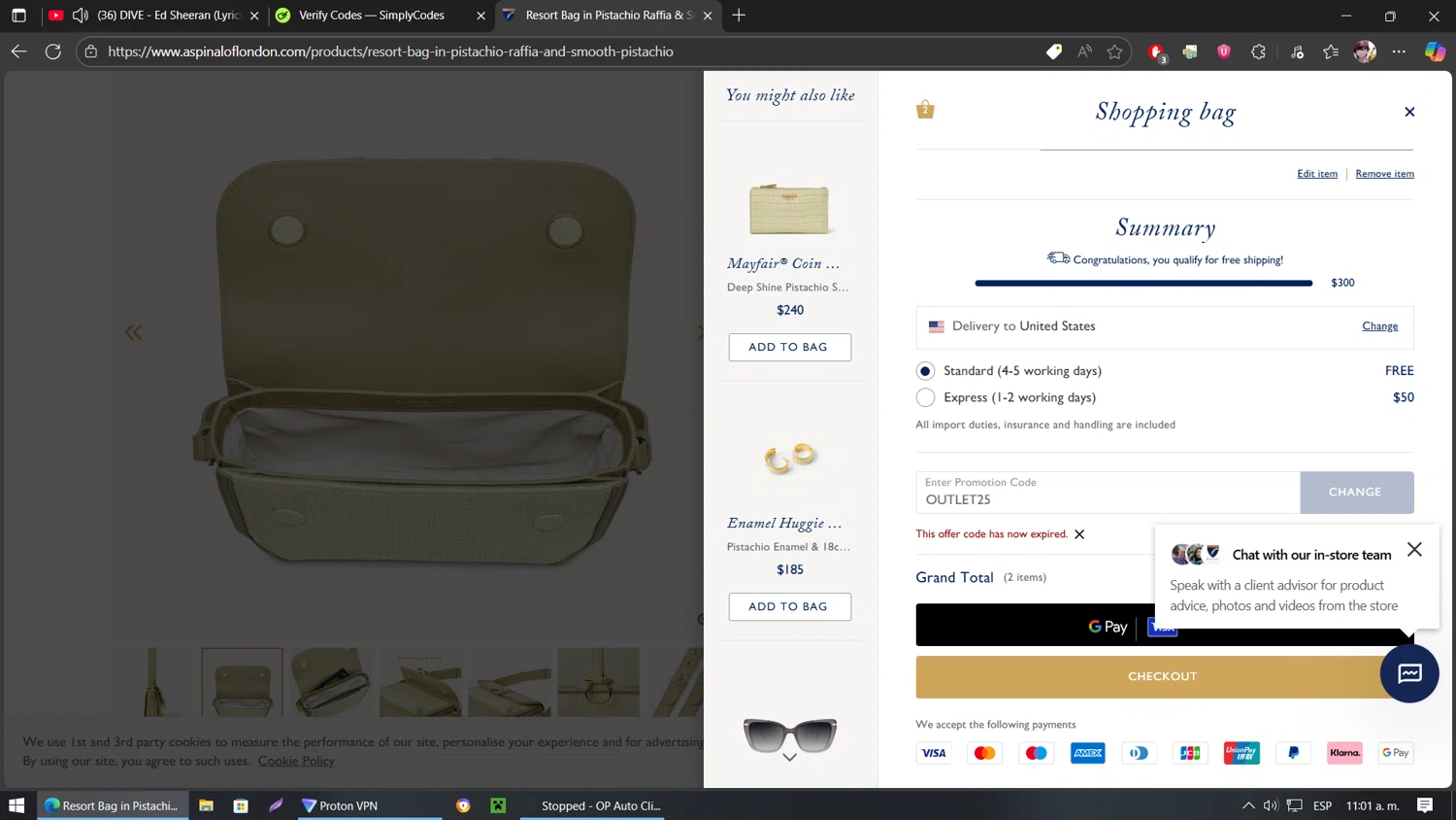 Aspinal of London discount code screenshot showing code OUTLET25 applied at Aspinal of London checkout page. Uploaded by SimplyCodes community member belindaflores on Aug 8, 2025
