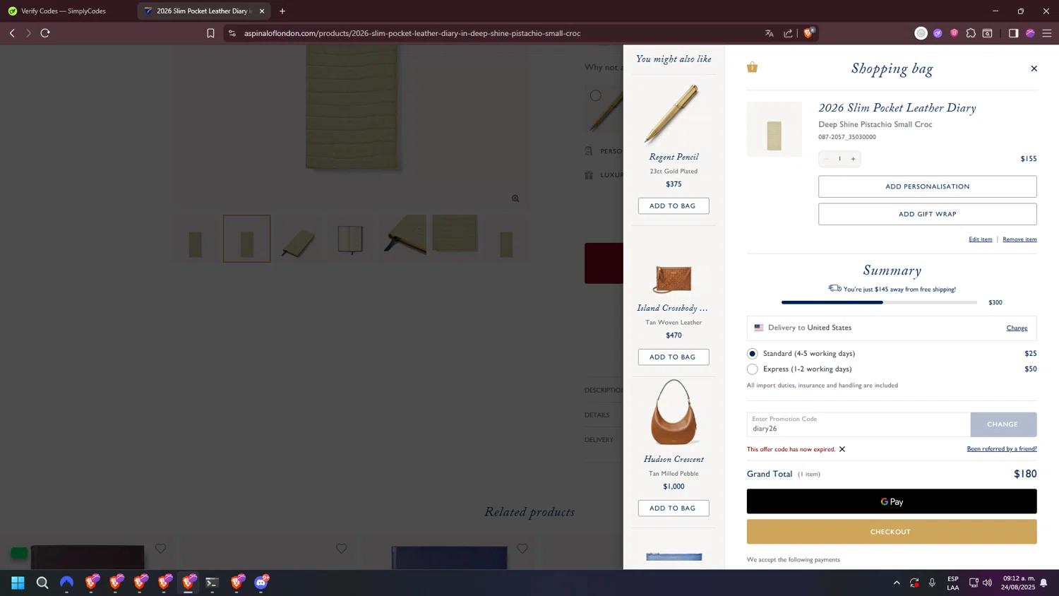 Aspinal of London discount code screenshot showing code diary26 applied at Aspinal of London checkout page. Uploaded by SimplyCodes community member DiscountExpert7937 on Aug 24, 2025