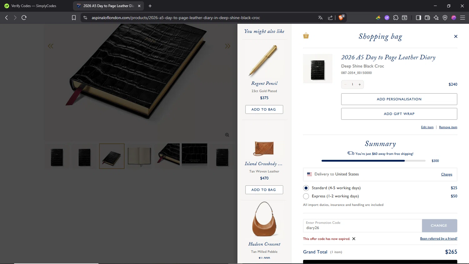 Aspinal of London discount code screenshot showing code diary26 applied at Aspinal of London checkout page. Uploaded by SimplyCodes community member Morrachida04 on Aug 24, 2025