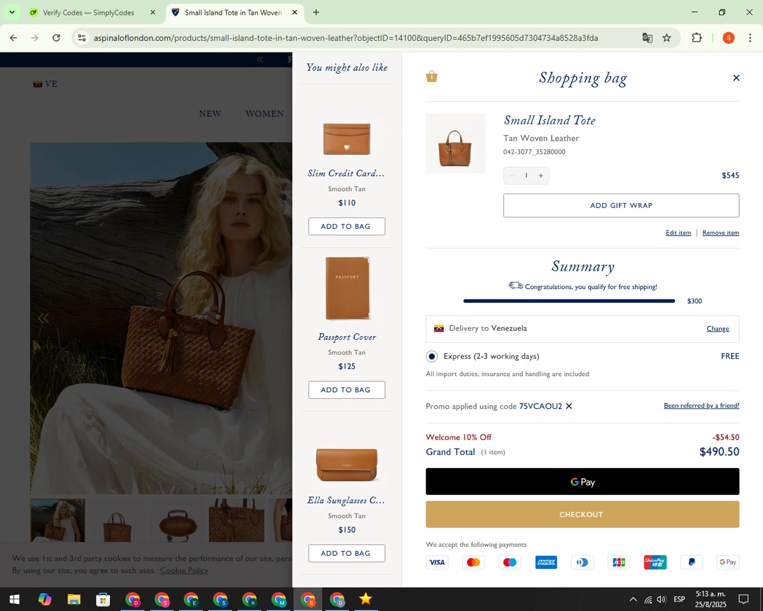 Aspinal of London discount code screenshot showing code 75vcaou2 applied at Aspinal of London checkout page. Uploaded by SimplyCodes community member CrownBoss9623 on Aug 25, 2025